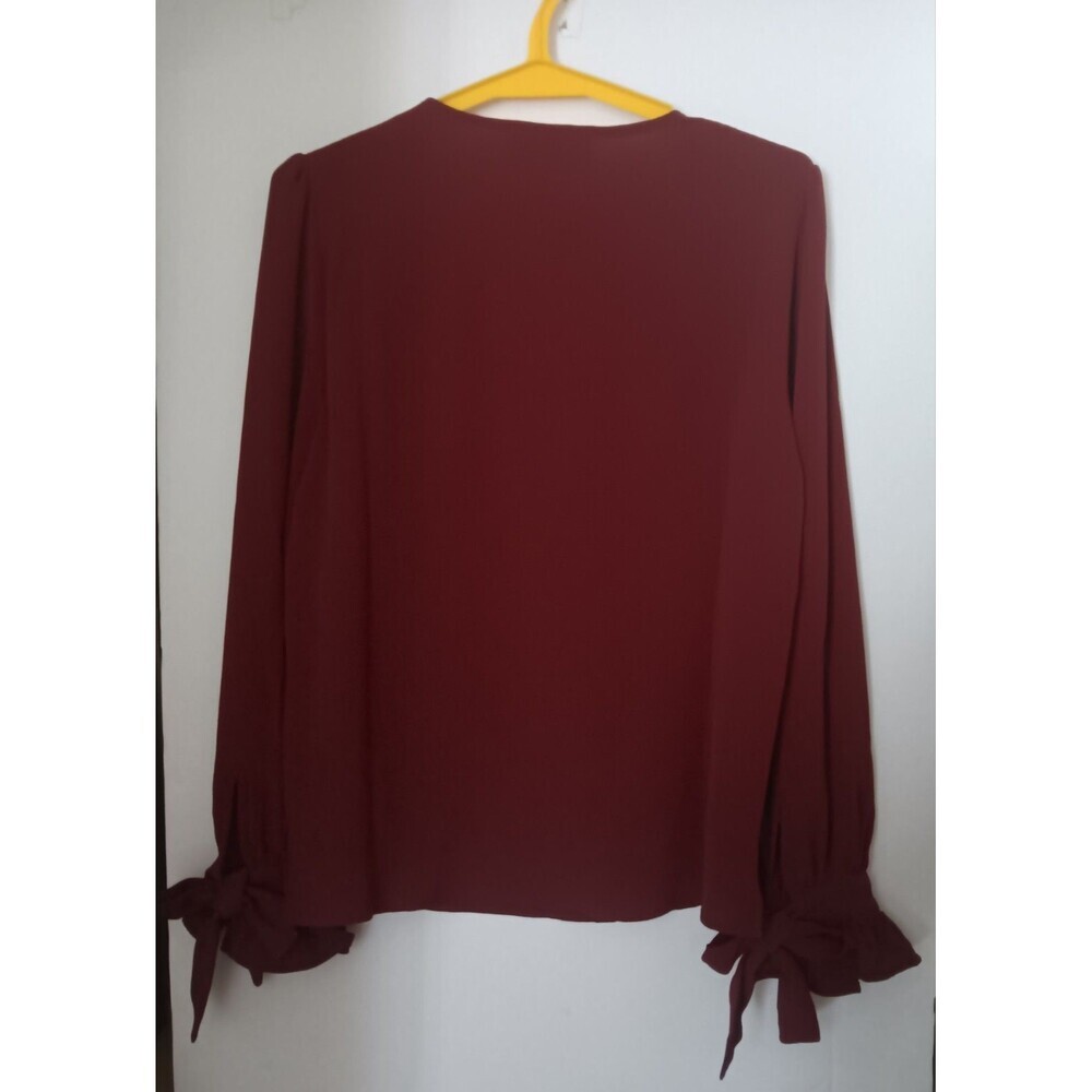 NWT CeCe Claret Red Tie Cuff Ruffle Sleeve Blouse Womens XS V-Neck Long Sleeve - Picture 6 of 9